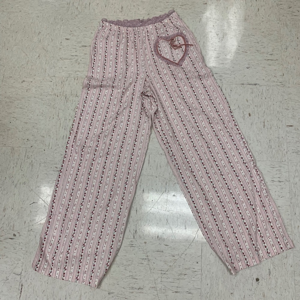 Pink Rose Pajama Pants Women Medium Pink Floral Heart Lace Trim Lounge Sleepwear